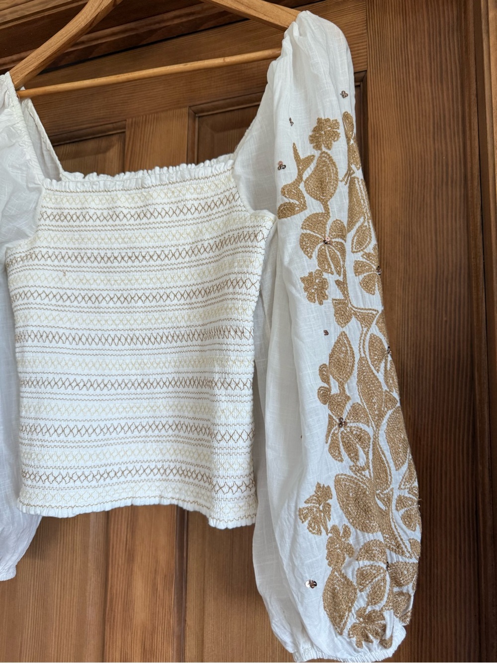 Anthropologie White Peasant Top with Gold Embroidery - Picture 2 of 3